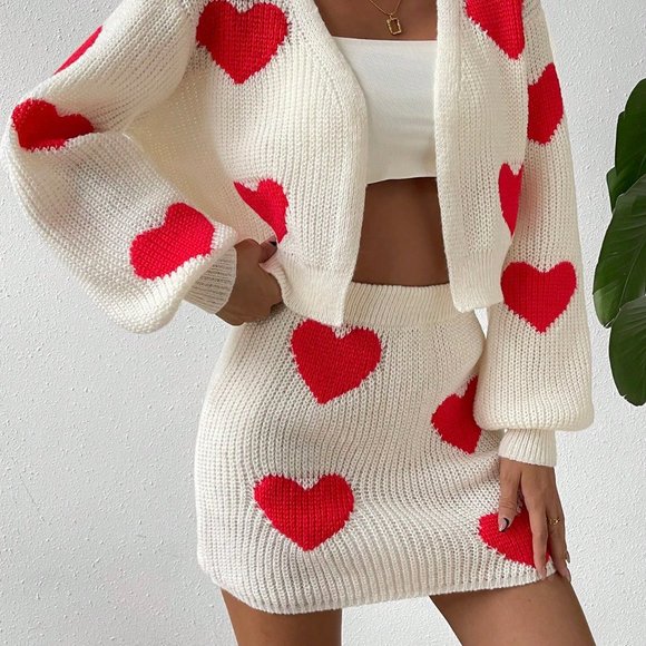 White Casual Womens Heart Pattern Drop Shoulder Duster Cardigan & Knit Skirt - Picture 5 of 5